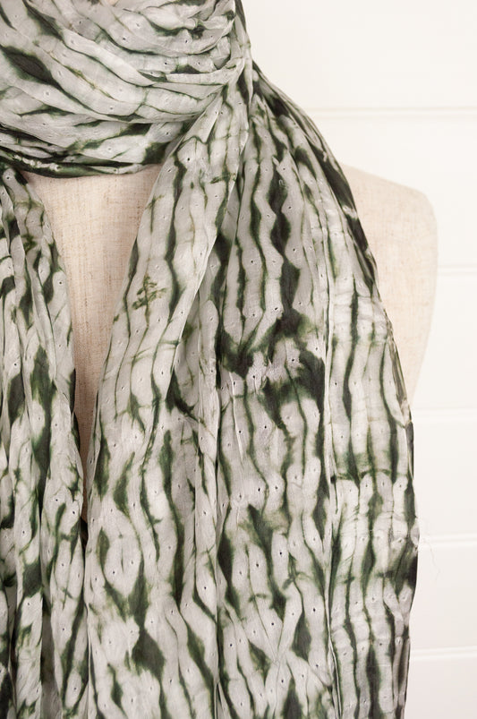 Black on white silk shibori scarf.