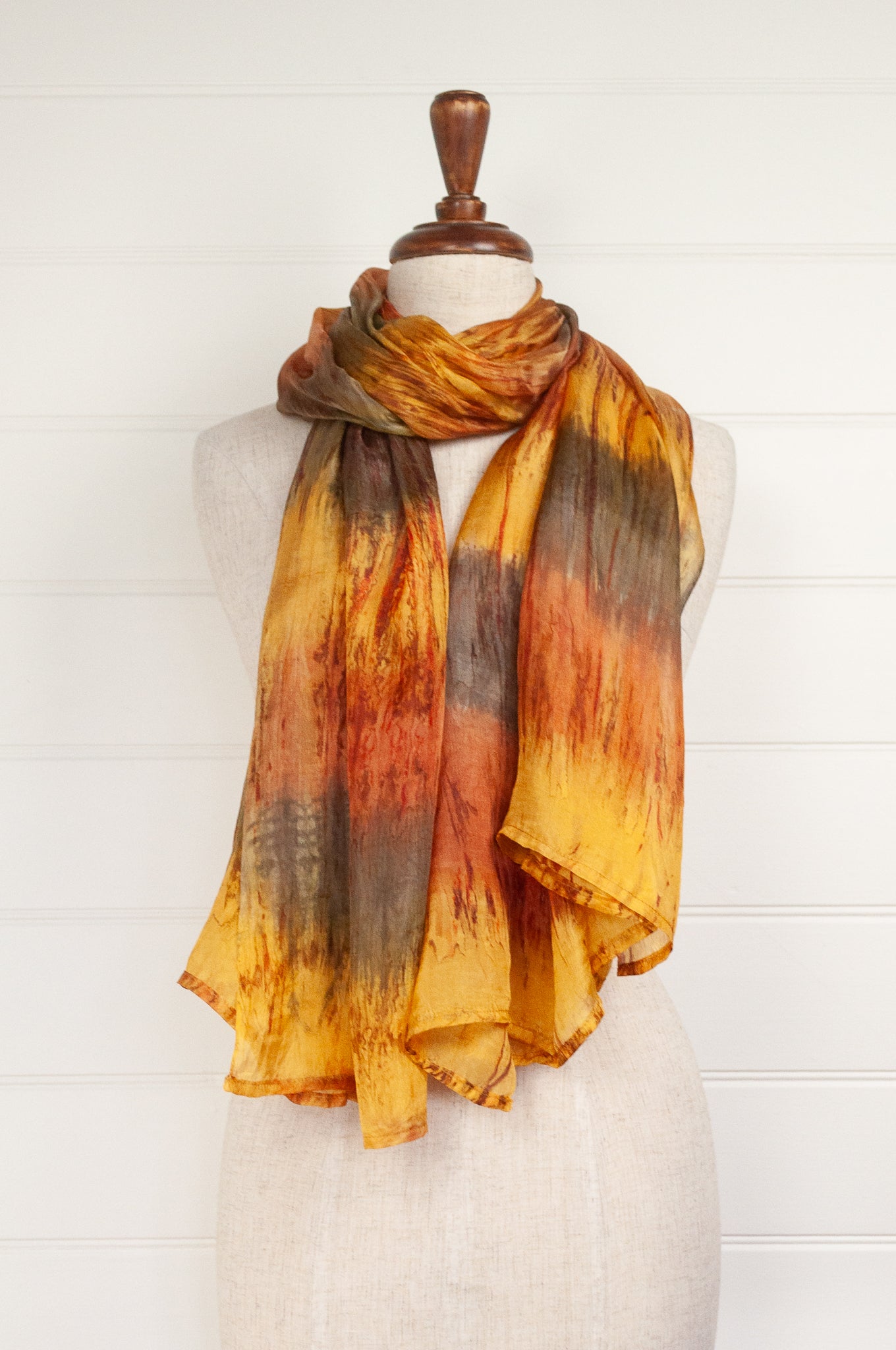 Pure silk scarf tie dye in shades of gold, bronze and pewter.