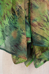 Tie dye pure silk scarf in shades of green and brown.