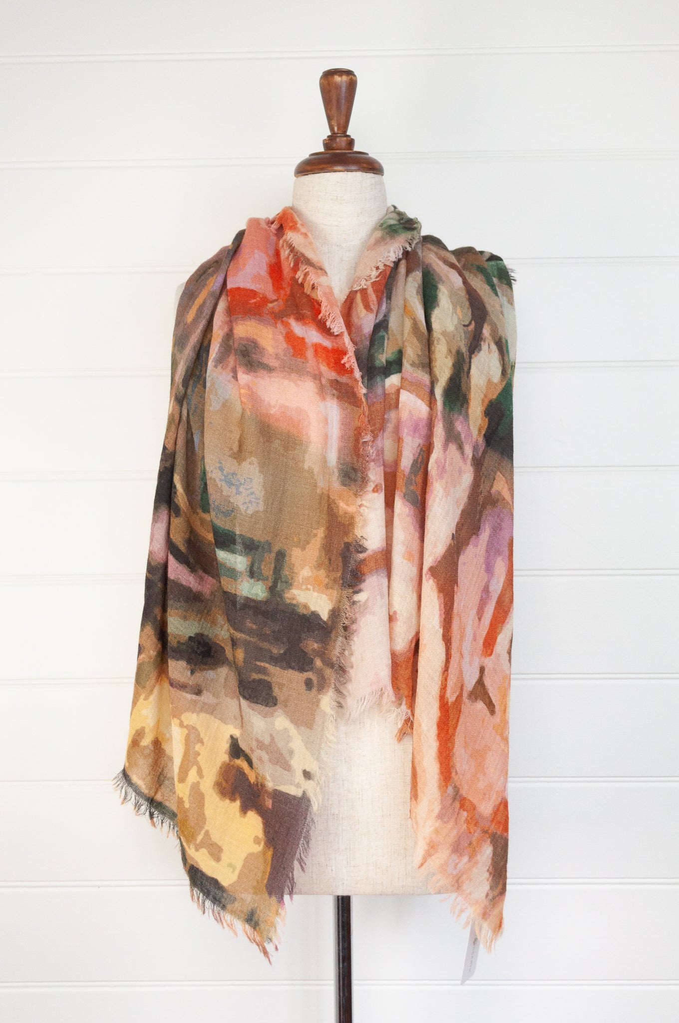 Juniper Hearth fine wool and modal scarf with an earth toned abstract landscape print.