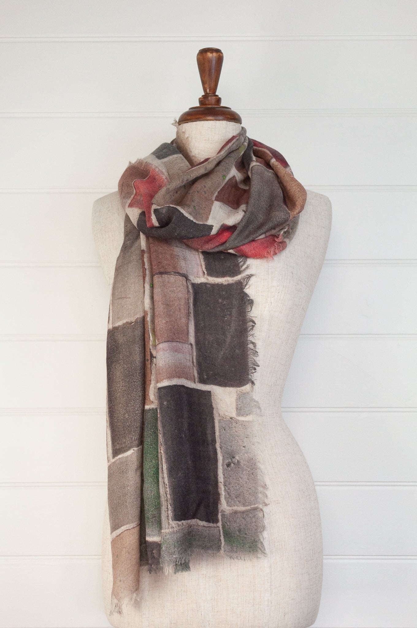 Juniper Hearth fine wool and modal scarf with an earth toned brick wall print.