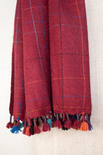 Load image into Gallery viewer, Juniper Hearth handwoven baby yak scarf with hand finished details and rainbow tassels in cherry red.