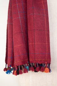 Juniper Hearth handwoven baby yak scarf with hand finished details and rainbow tassels in cherry red.