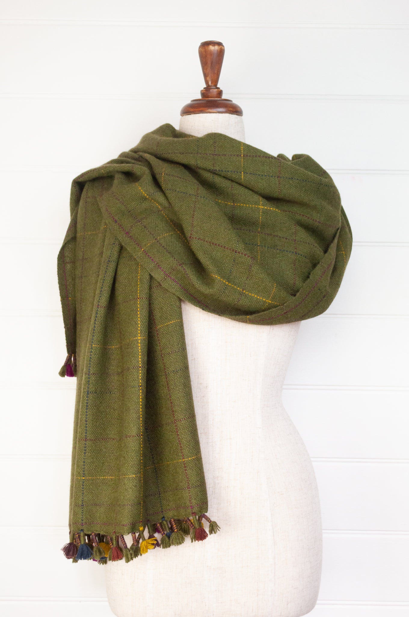 Handwoven baby yak rainbow tassel scarf - moss