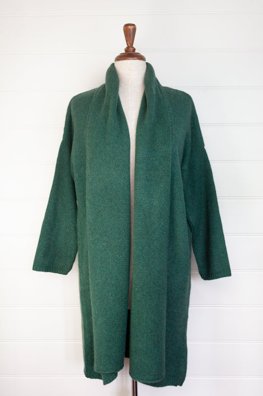 Baby yak longline cardigan coatigan in emerald green.