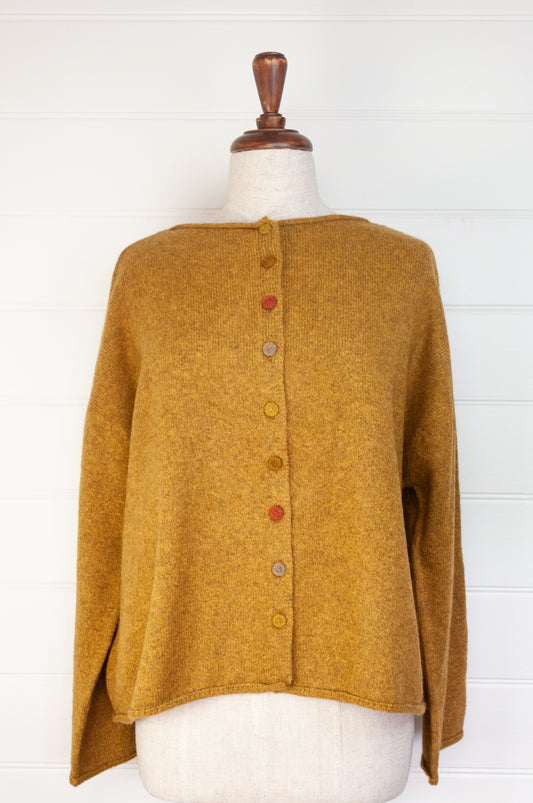 Baby yak wool one size reversible cardigan sweater in mustard yellow.