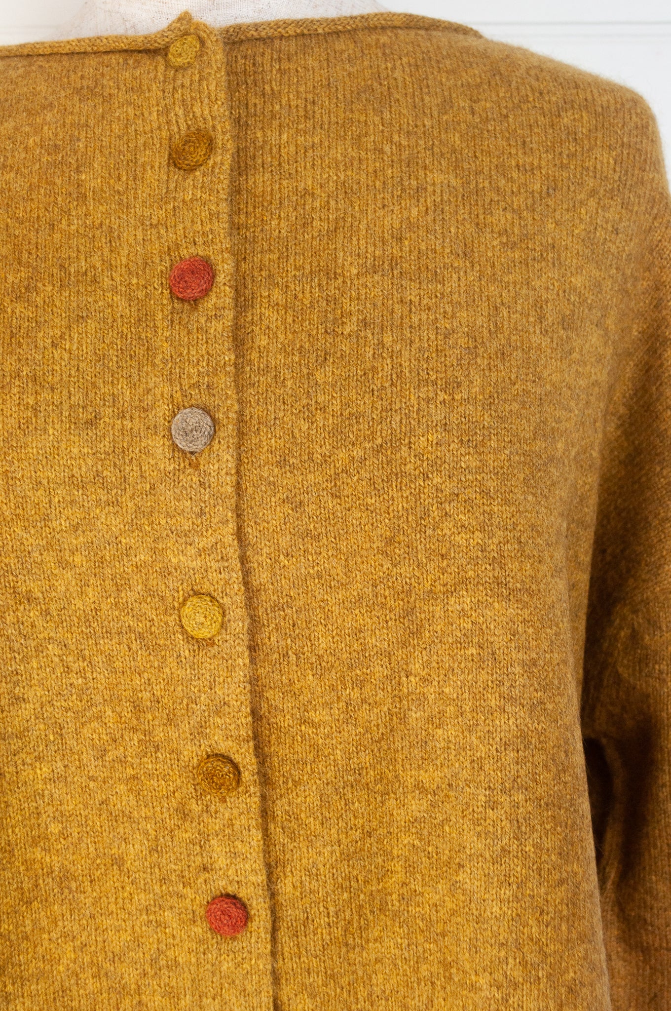 Baby yak wool one size reversible cardigan sweater in mustard yellow.