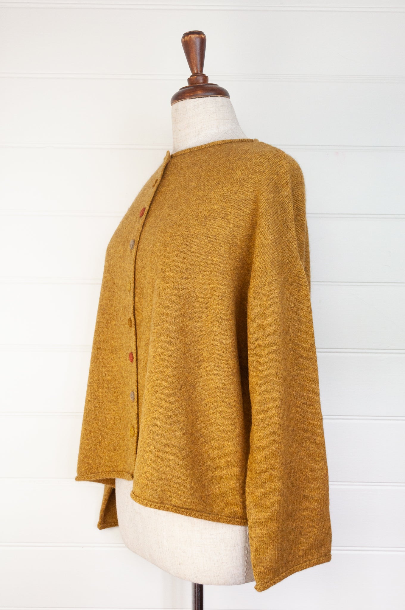 Baby yak wool one size reversible cardigan sweater in mustard yellow.