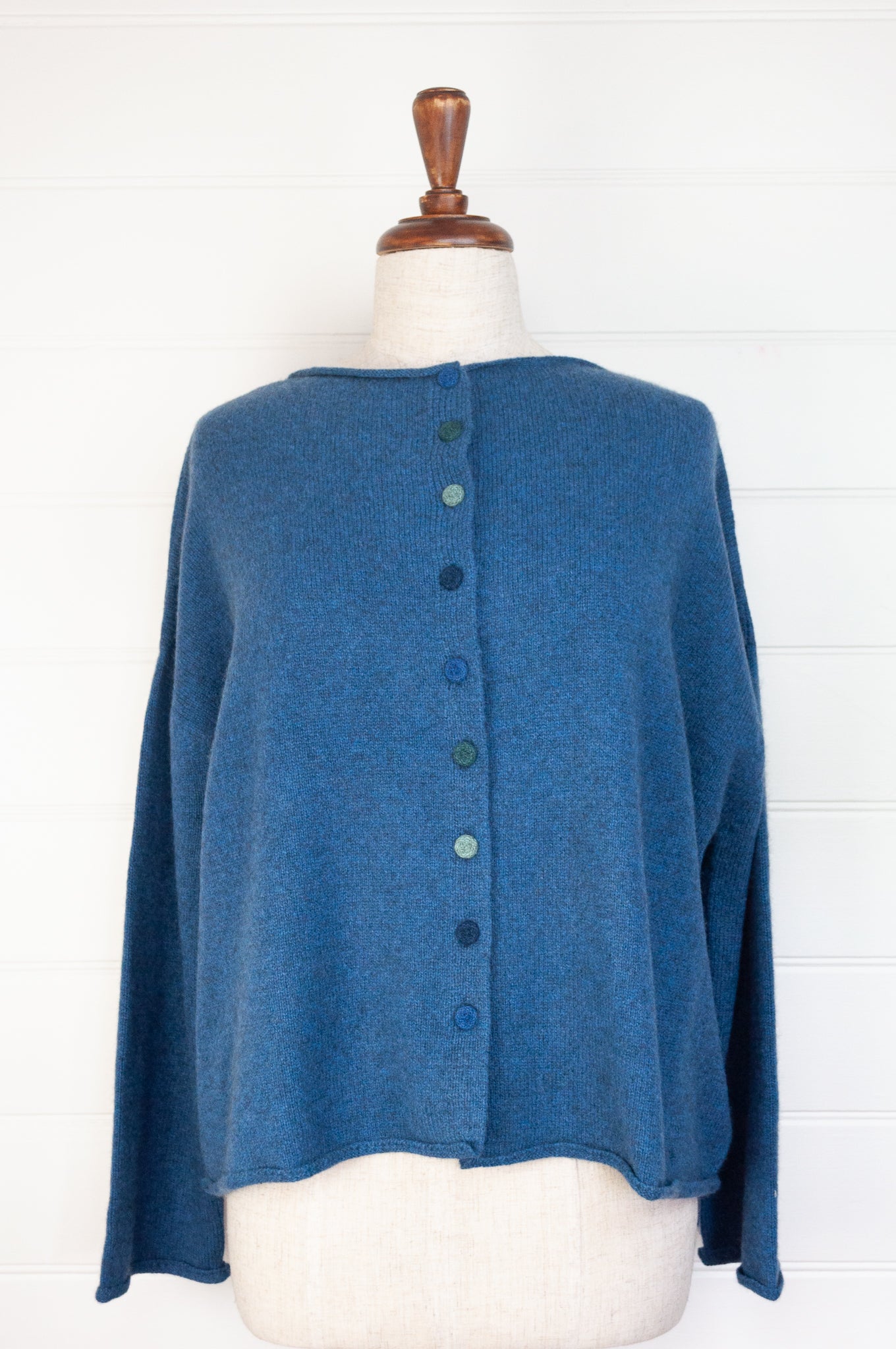 Baby yak wool one size reversible cardigan sweater in sapphire blue.