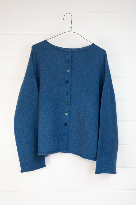 Baby yak wool one size reversible cardigan sweater in sapphire blue.