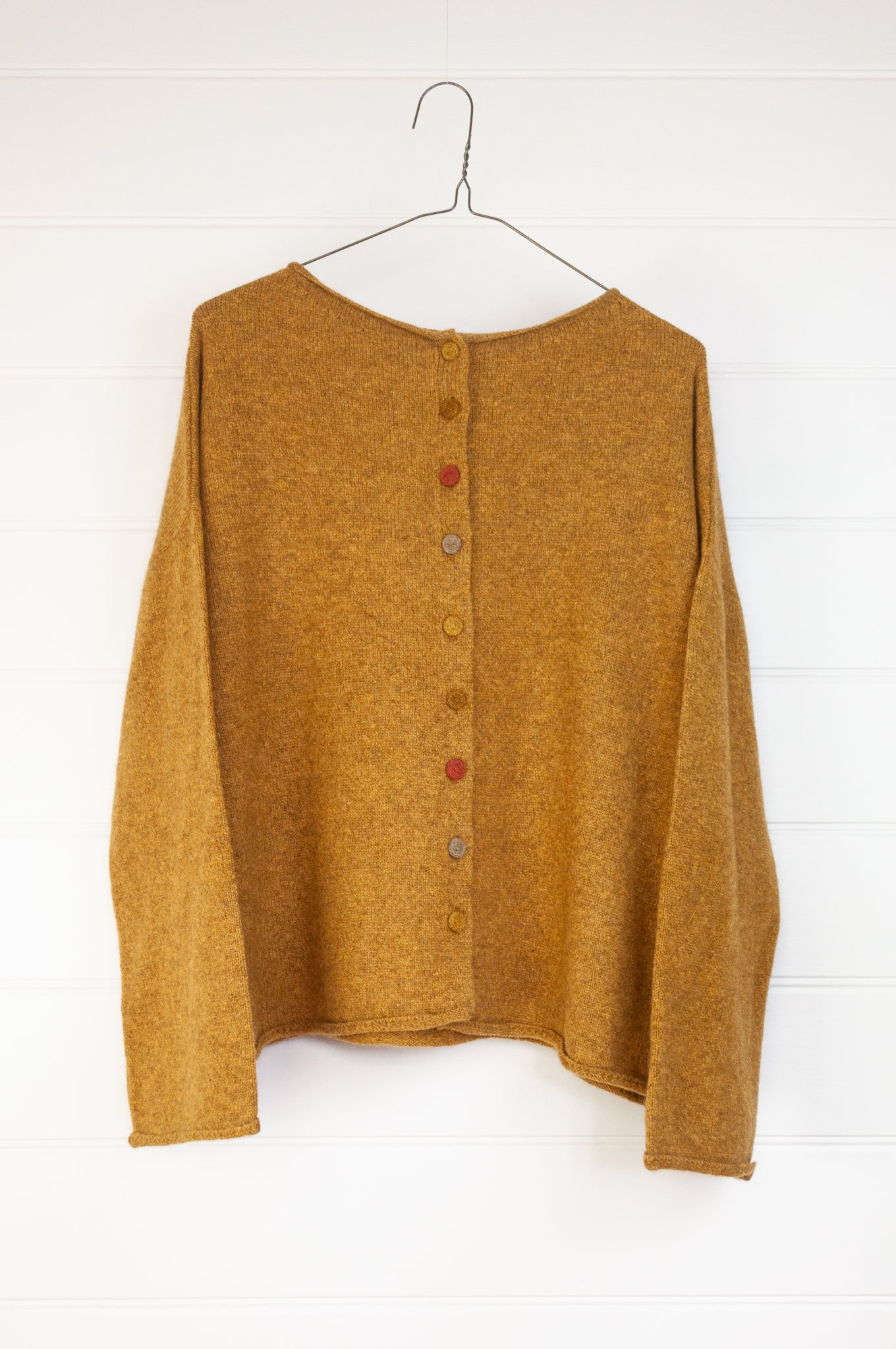 Baby yak wool one size reversible cardigan sweater in mustard yellow.