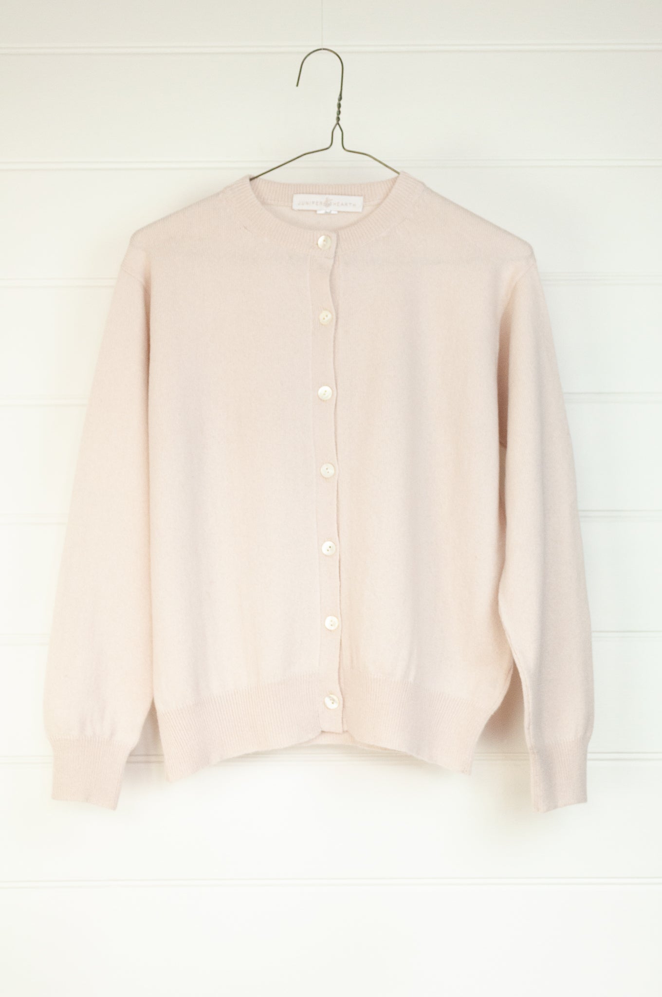 Juniper Hearth 100% cashmere button up crew neck cropped cardigan in ecru blush.