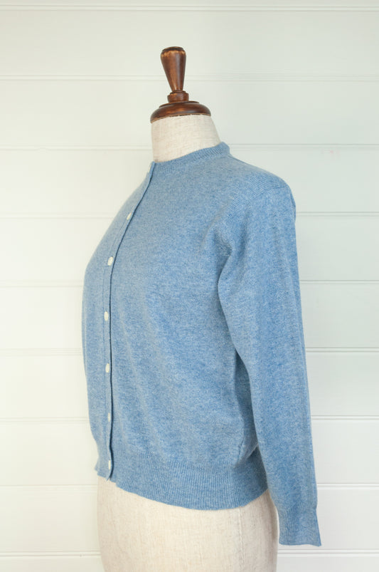 Juniper Hearth 100% cashmere button up crew neck cropped cardigan in sky blue.
