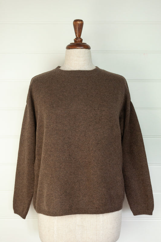 One size crew neck cashmere sweater ethically made in Nepal in earthy walnut brown.