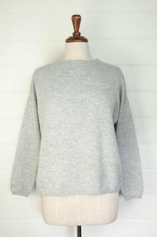 One size pure cashmere crew neck sweater in ash grey.