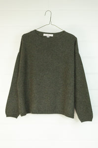 One size crew neck cashmere sweater ethically made in Nepal in olive green.