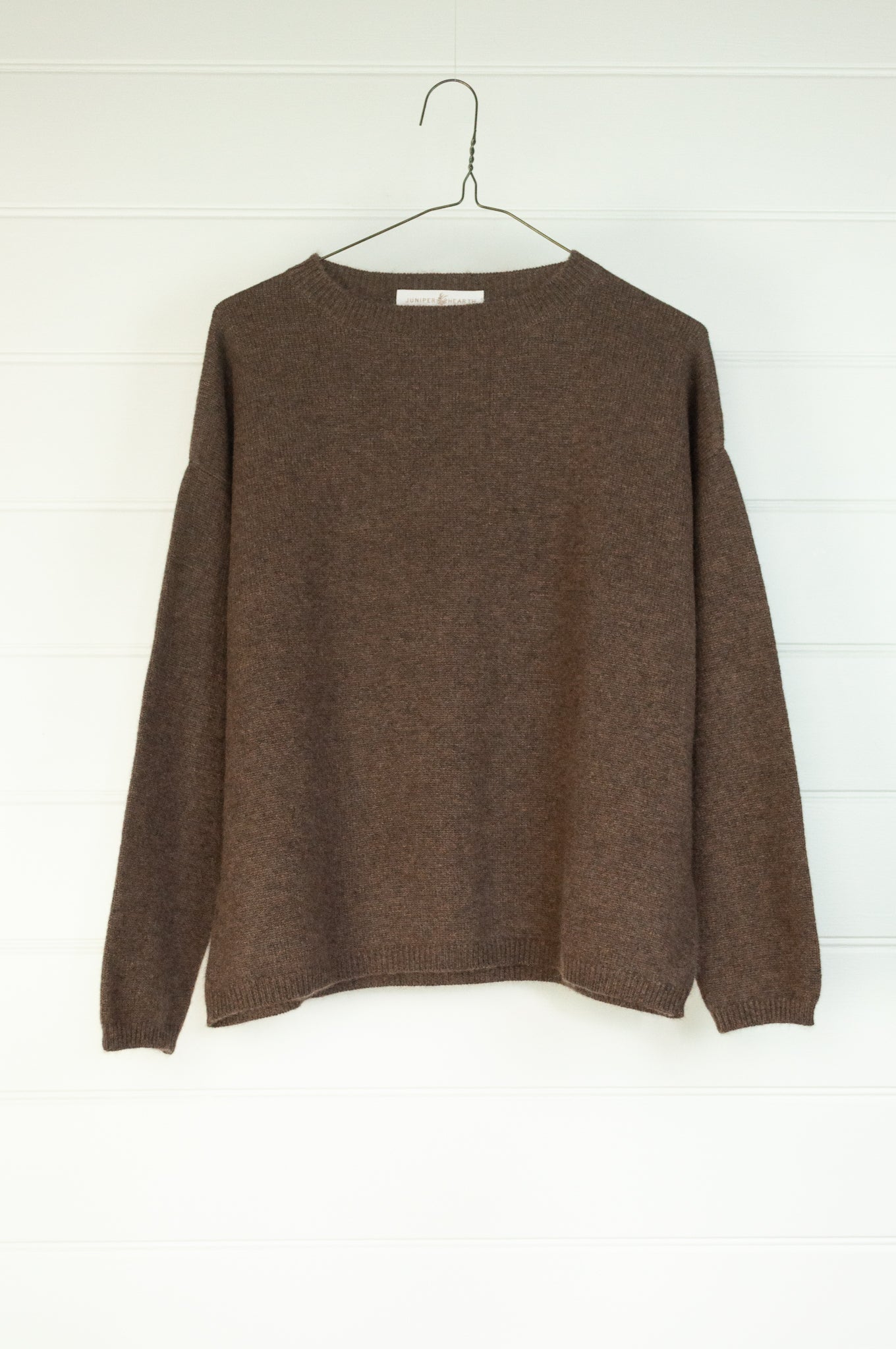 One size crew neck cashmere sweater ethically made in Nepal in earthy walnut brown.