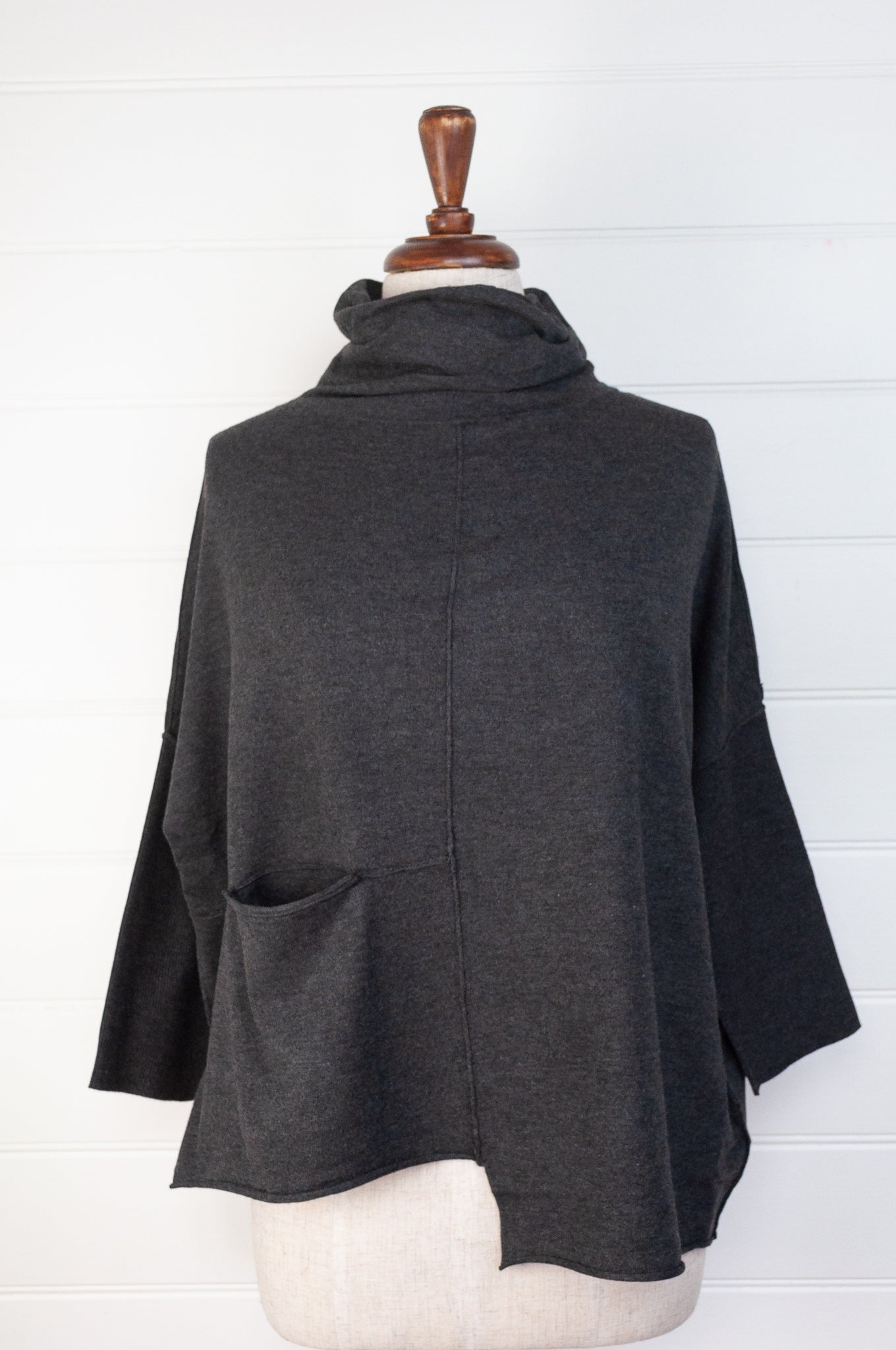 Banana Blue box pullover in dark charcoal.