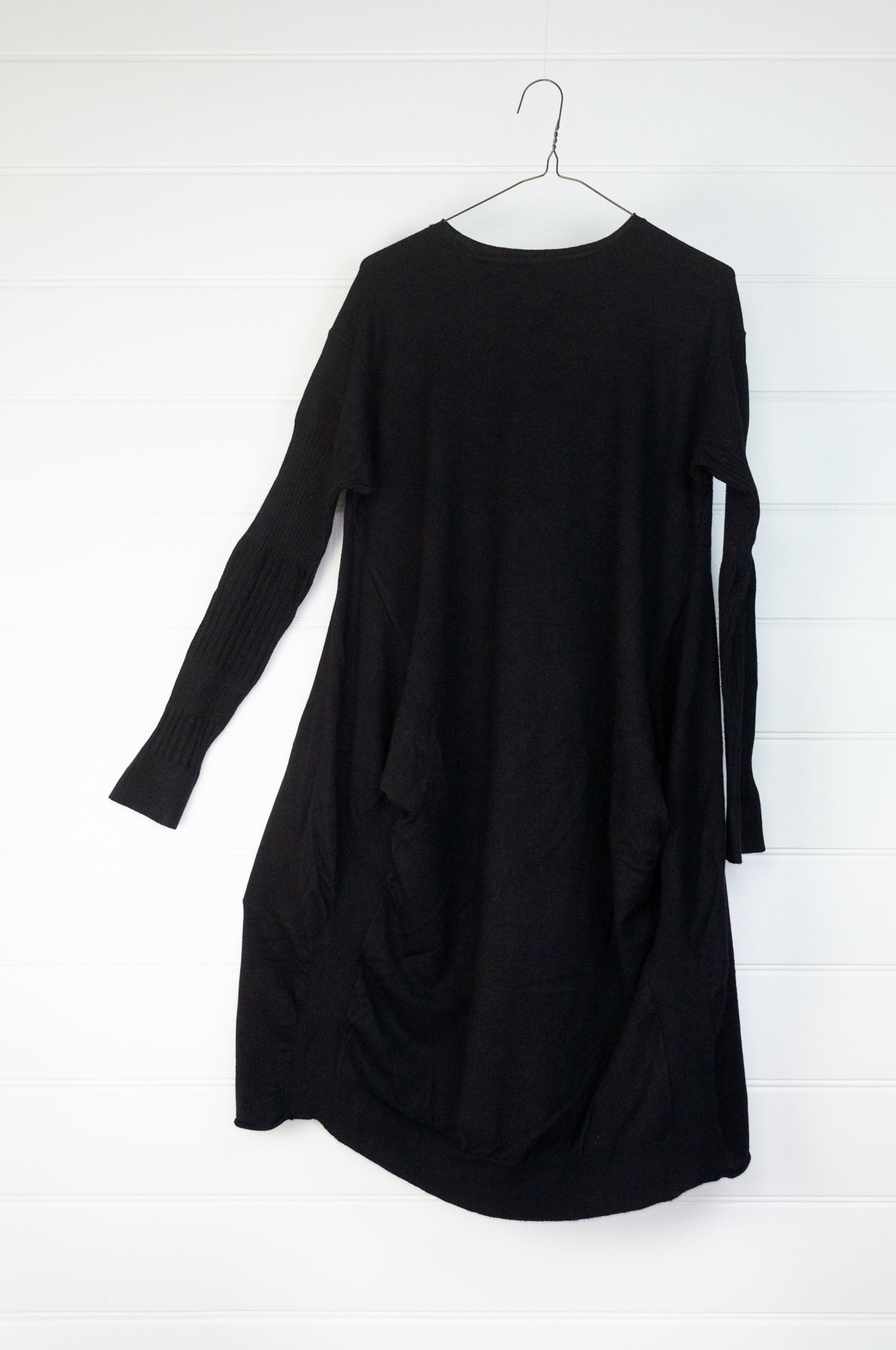 Banana Blue black poly voly tunic with ribbing and panelling and front bagged pockets.