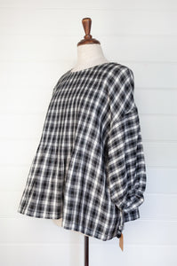 DVE Collection Anisha top in linen, charcoal and black and white check linen.
