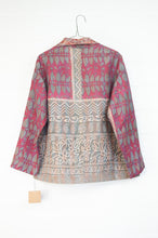 Load image into Gallery viewer, DVE Collection one of a kind reversible Neeli jacket made from kantha stitched silk saris, magenta and silver flowers with traditional floral paisley in rust on cream on the reverse.