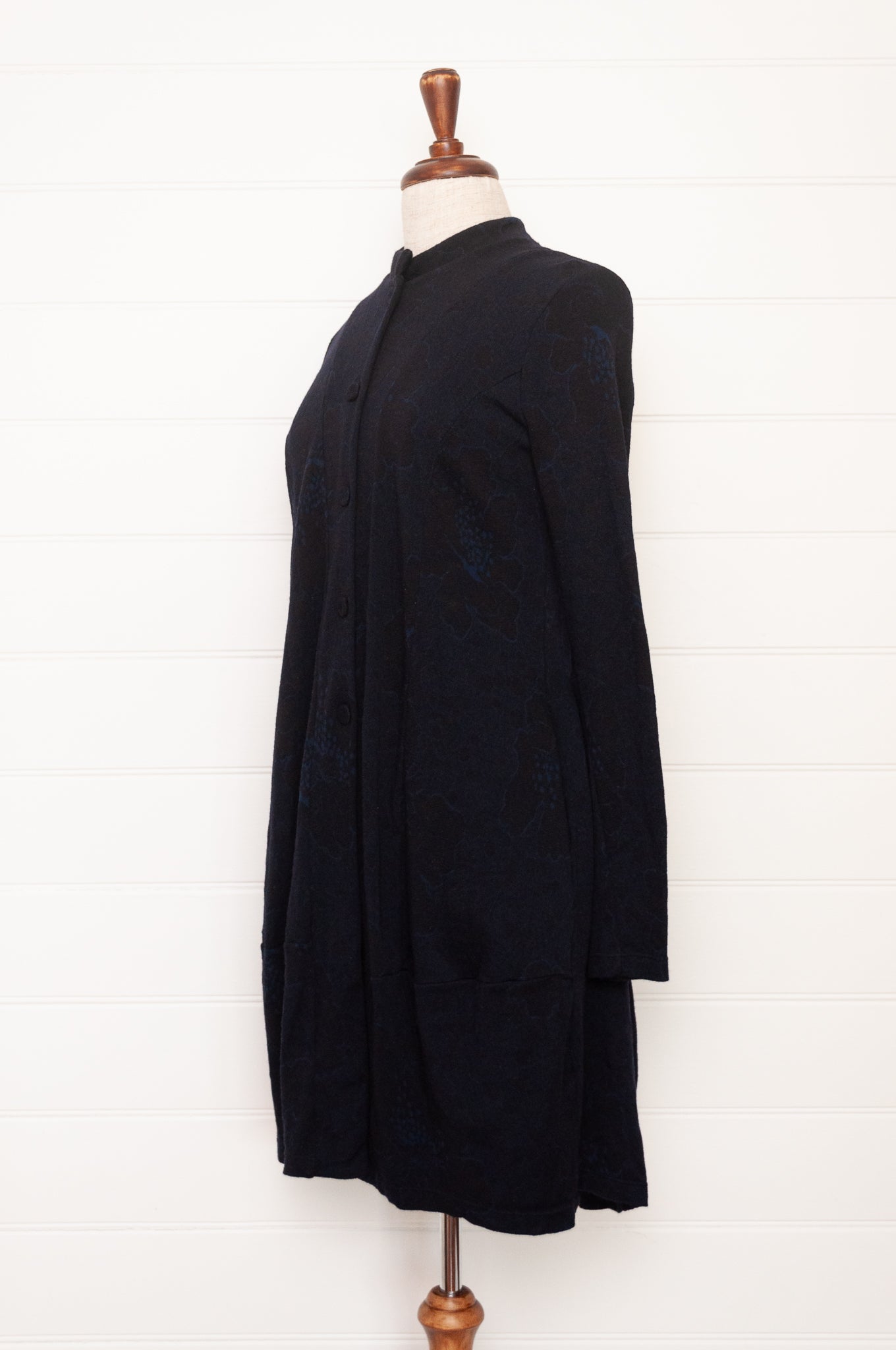 Valia made in Melbourne Australian merino  wool jacquard coat in deep ink navy.