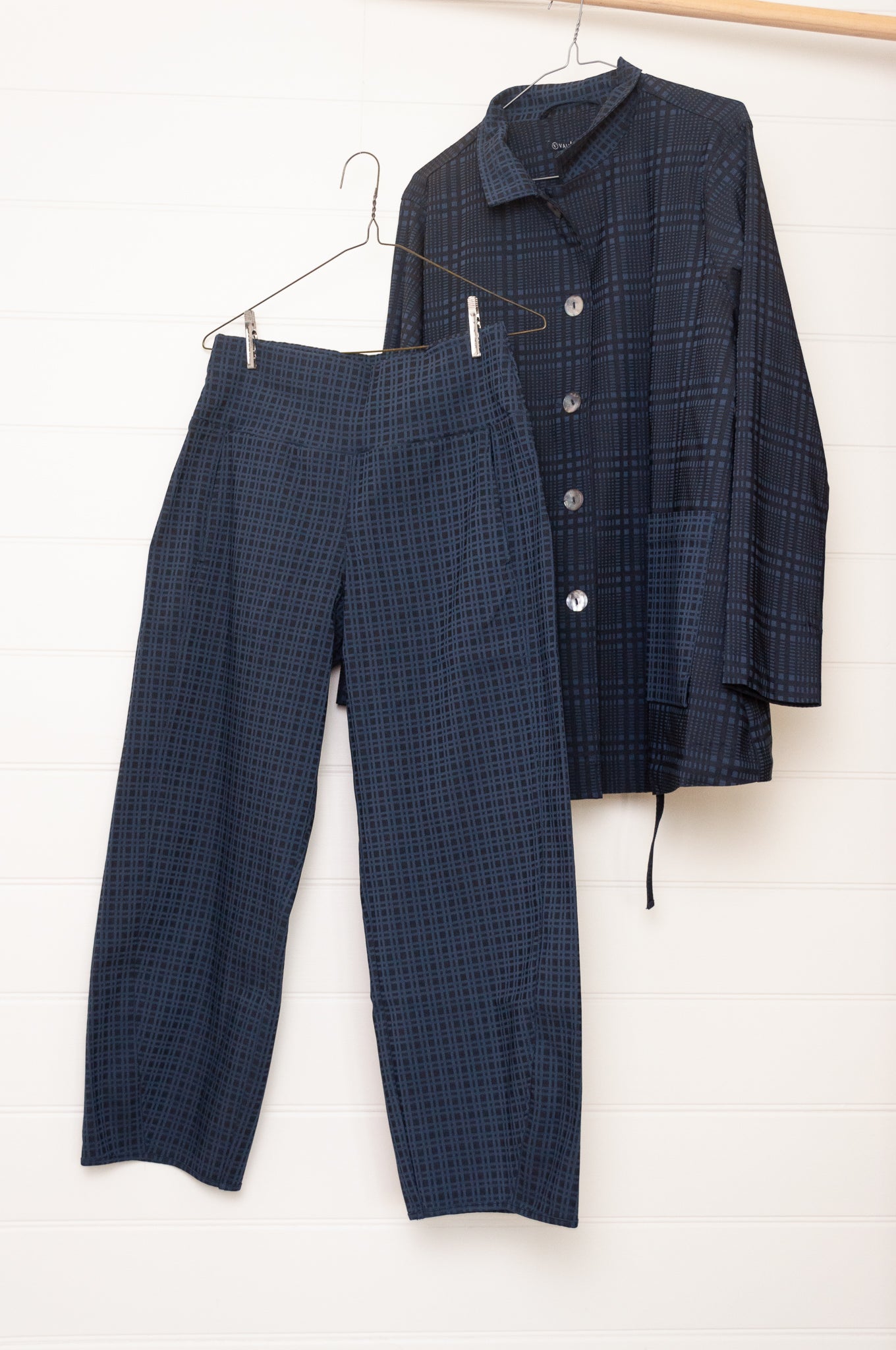 Valia made in Melbourne Queen Victoria ink navy check jacket.