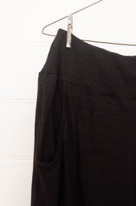 Valia made in Melbourne black wool jersey elastic waist wide leg Loden pants.