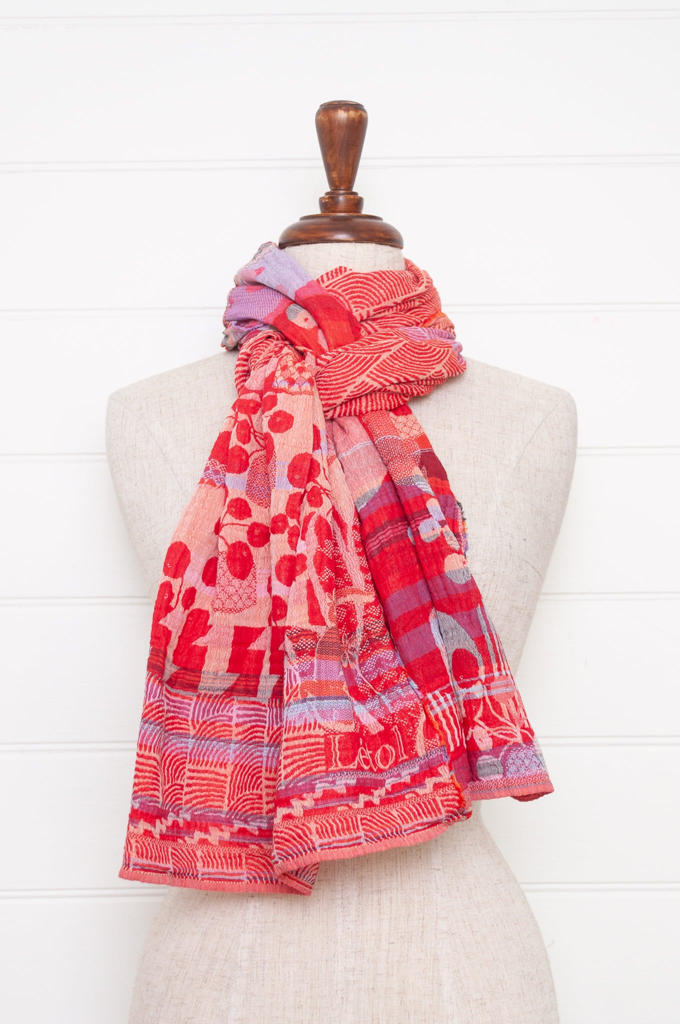 Letol made in France organic cotton jacquard weave scarf, Celine floral design in rouge, crimson and pink.