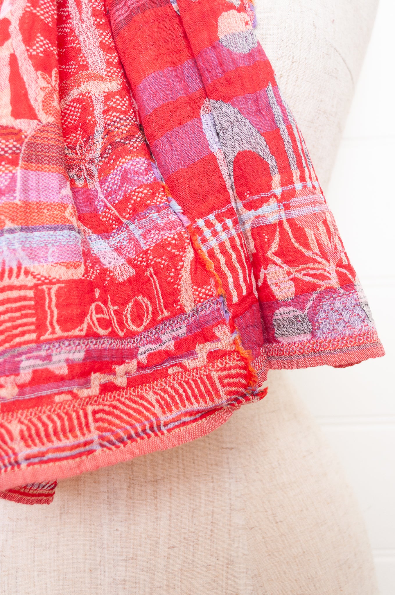 Letol made in France organic cotton jacquard weave scarf, Celine floral design in rouge, crimson and pink