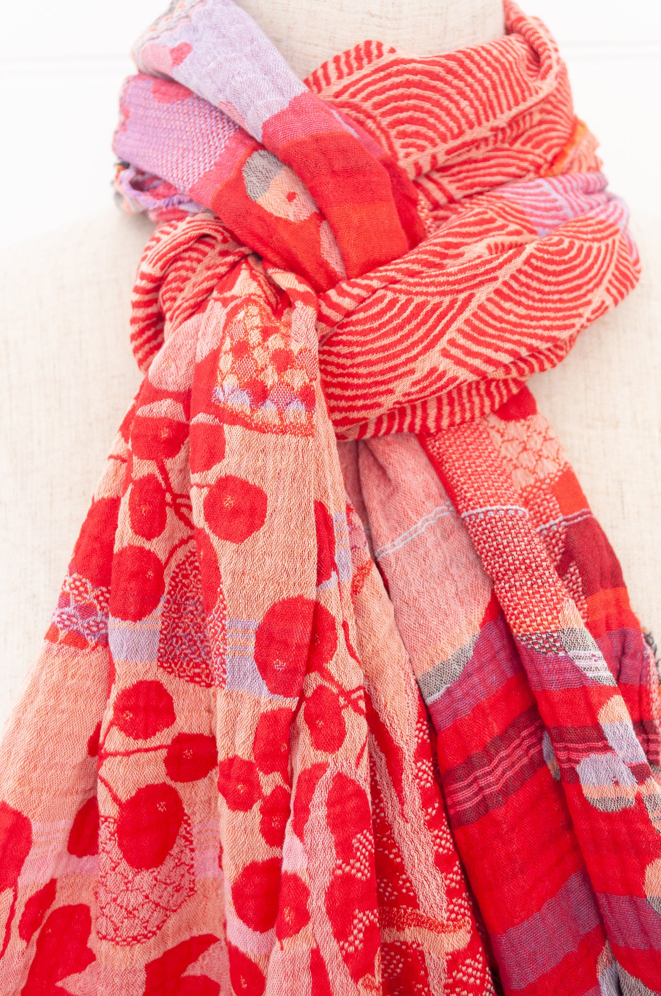 Letol made in France organic cotton jacquard weave scarf, Celine floral design in rouge, crimson and pink