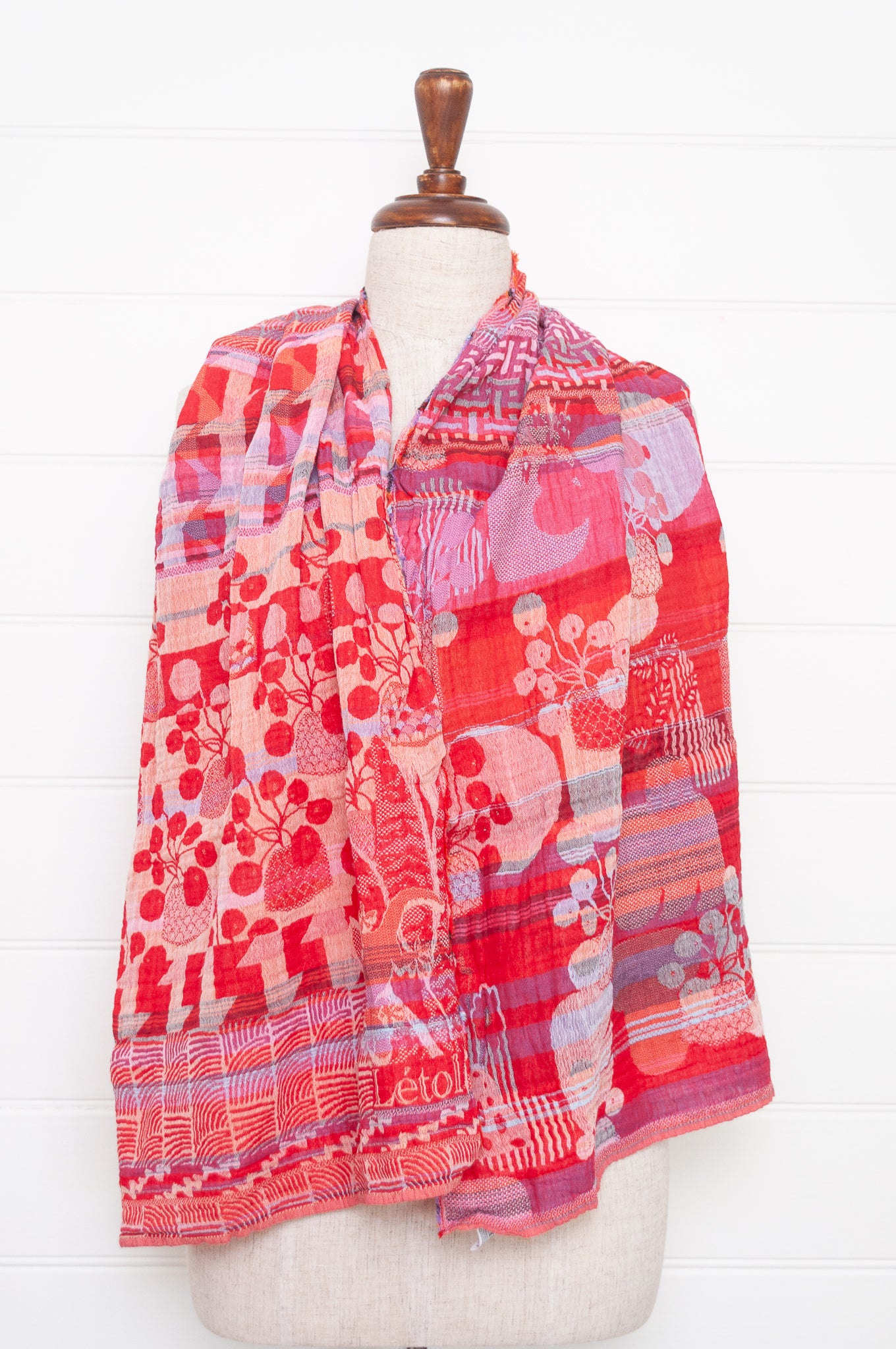 Letol made in France organic cotton jacquard weave scarf, Celine floral design in rouge, crimson and pink