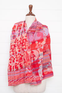 Letol made in France organic cotton jacquard  weave scarf, Celine floral design in rouge, crimson and pink