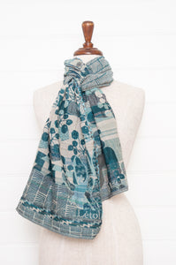 Letol made in France organic cotton jacquard  weave scarf, Celine floral design in barbaturq, turquoise.