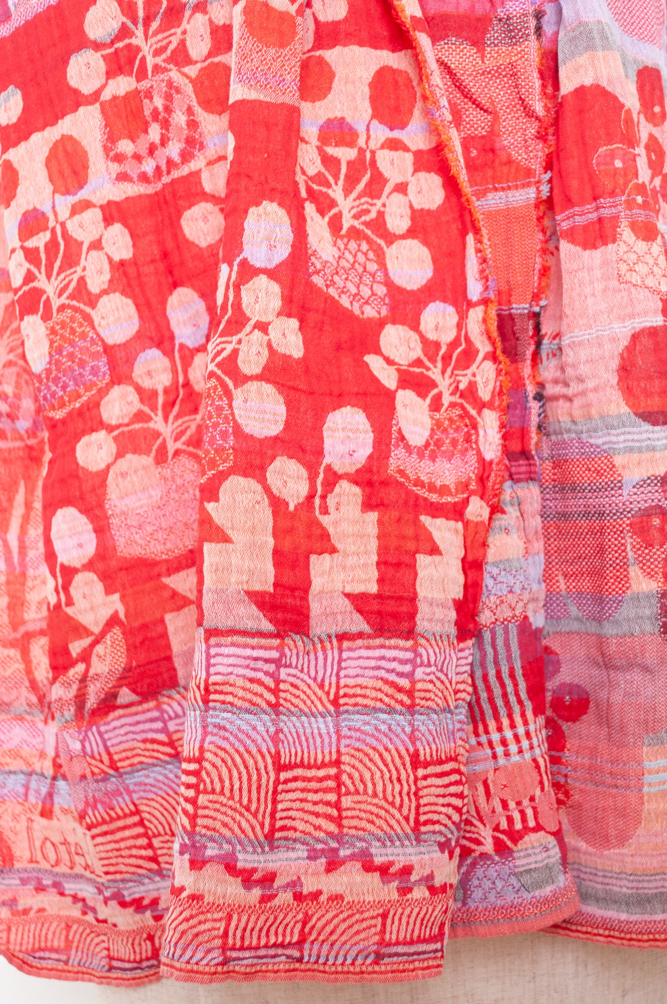 Letol made in France organic cotton jacquard weave scarf, Celine floral design in rouge, crimson and pink