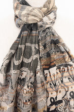 Load image into Gallery viewer, Letol made in France organic cotton jacquard  weave scarf, Olympe design in smoke, charcoal and ecru.