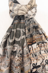 Letol made in France organic cotton jacquard  weave scarf, Olympe design in smoke, charcoal and ecru.