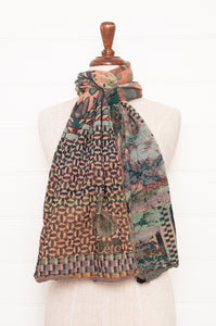 Letol made in France organic cotton jacquard  weave scarf, Alceste design in cameleon, multi-coloured in coral and teal.