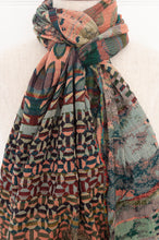 Load image into Gallery viewer, Letol made in France organic cotton jacquard  weave scarf, Alceste design in cameleon, multi-coloured in coral and teal.
