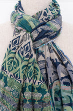 Load image into Gallery viewer, Letol made in France organic cotton jacquard  weave scarf, Amira design in emeraude bleu, emerald green and blue.