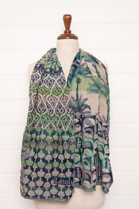 Letol made in France organic cotton jacquard  weave scarf, Amira design in emeraude bleu, emerald green and blue.