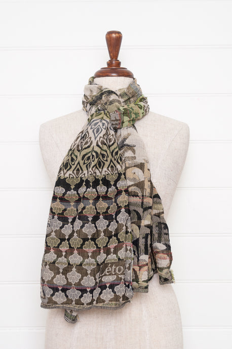 Letol made in France organic cotton jacquard  weave scarf, Amira design in olives, olive green.