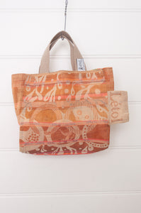 Letol made in France mini sized tote bag, organic cotton jacquard weave reversible, Audrey in coral and avocado.