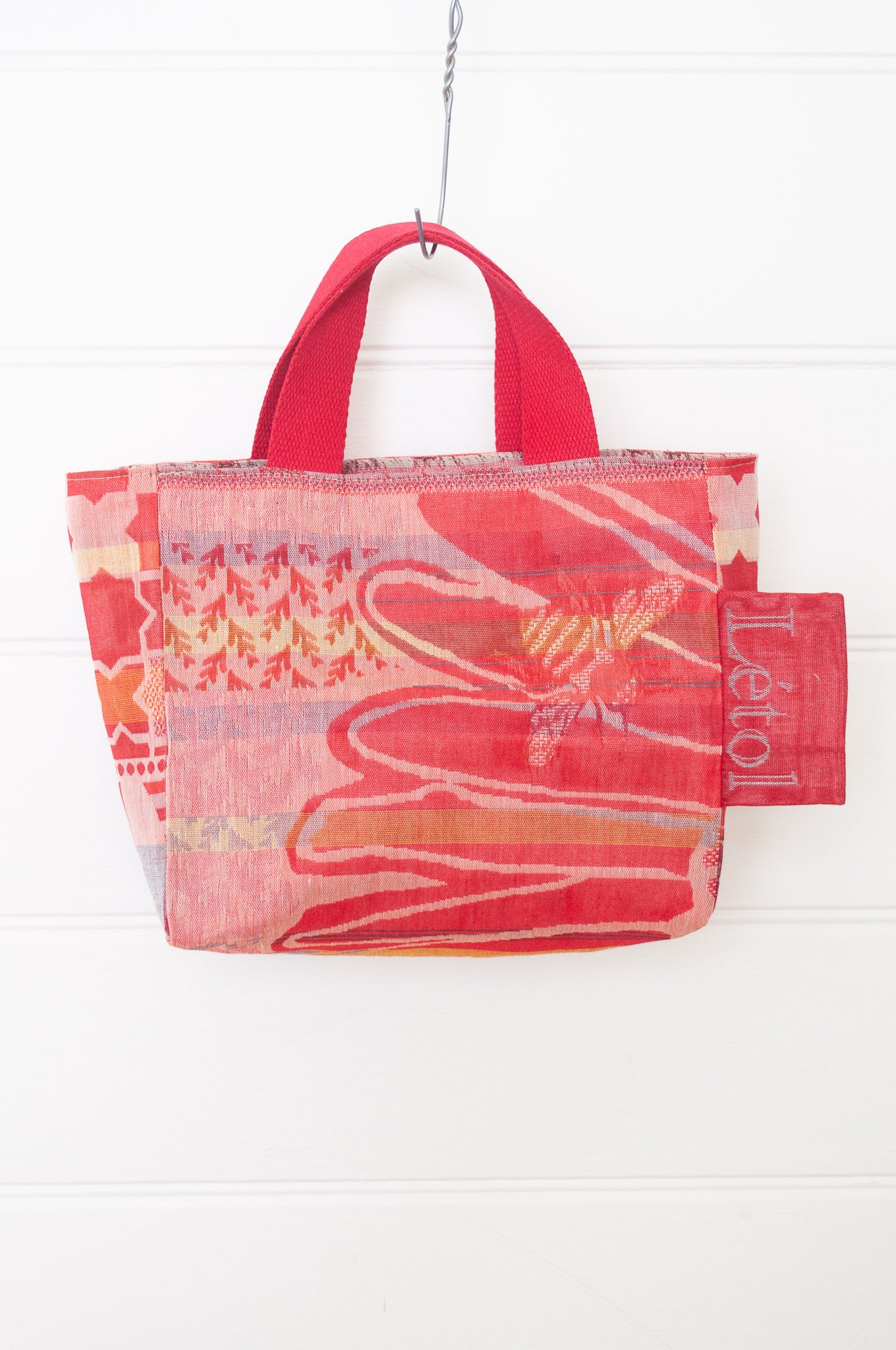 Letol made in France mini sized tote bag, organic cotton jacquard weave reversible, Abeille in crimson.