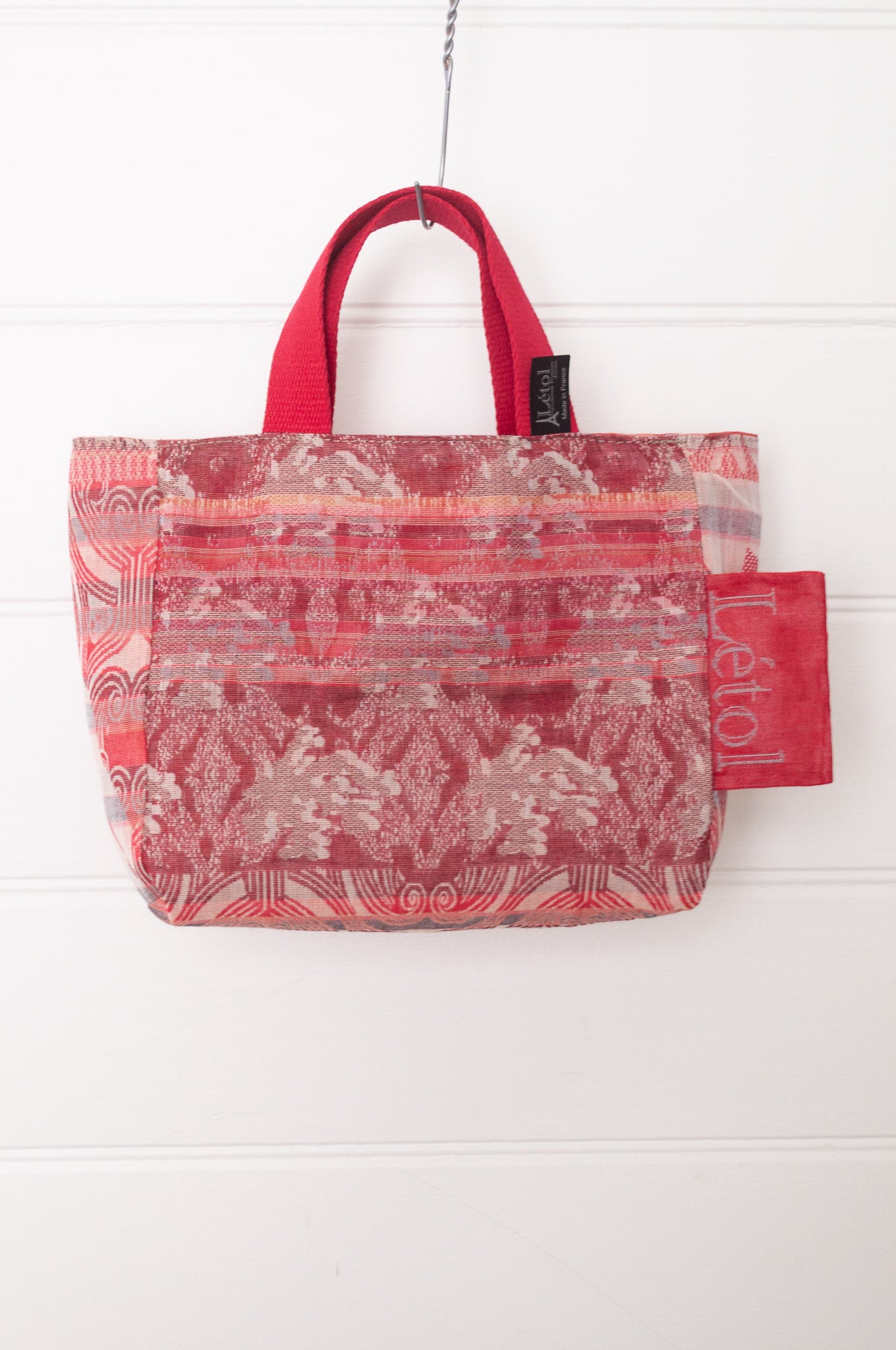 Letol made in France mini sized tote bag, organic cotton jacquard weave reversible, Abeille in crimson.