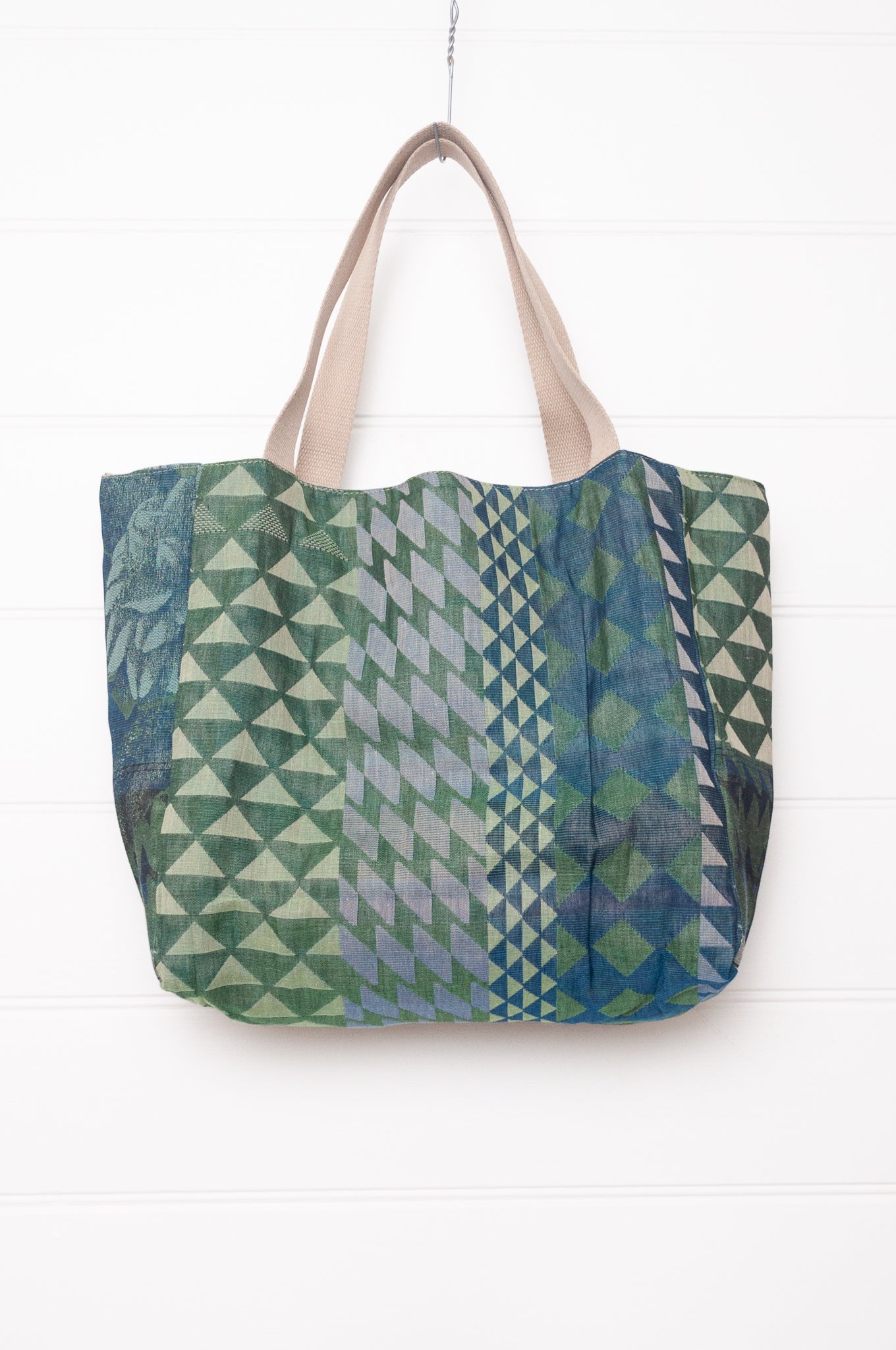 Letol made in France medium sized tote bag, organic cotton jacquard weave reversible, Casimir in green and blue.