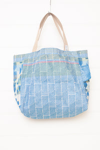 Letol made in France medium sized tote bag, organic cotton jacquard weave reversible, Celine in aqua blue.