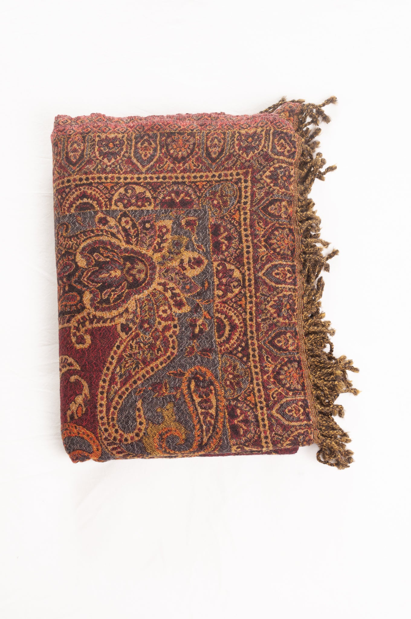 Juniper Hearth olive and burgundy pure wool jacquard paisley tasseled throw.