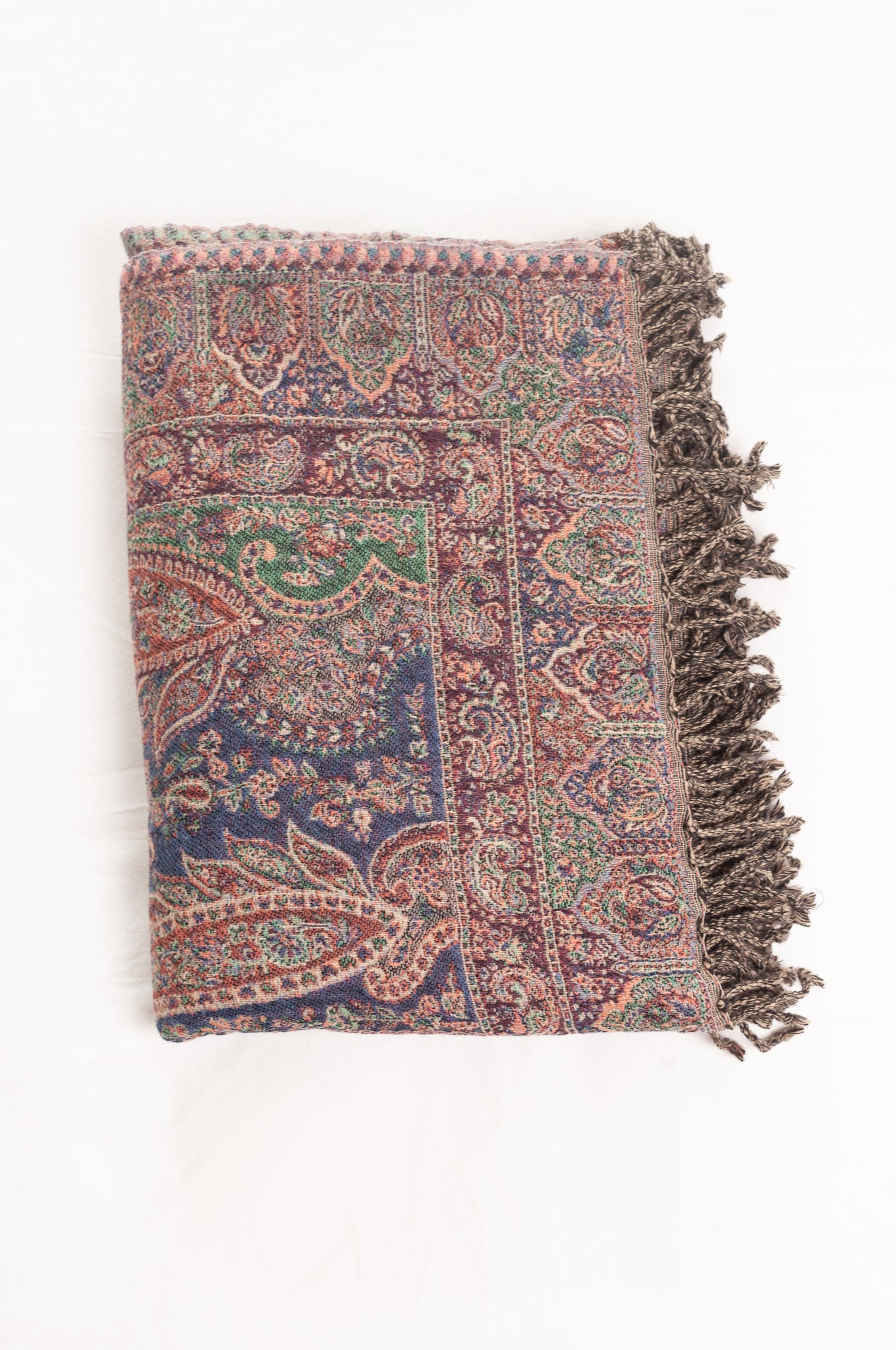 Juniper Hearth lilac pure wool jacquard paisley tasseled throw, with soft teal and denim blue and rust highlights.