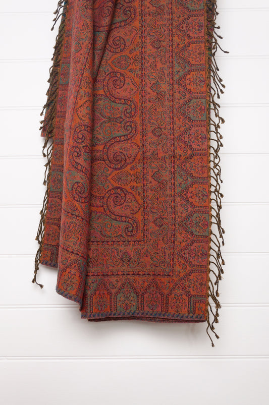 Juniper Hearth jewel tones, ruby sapphire and emerald, pure wool jacquard paisley tasseled throw.